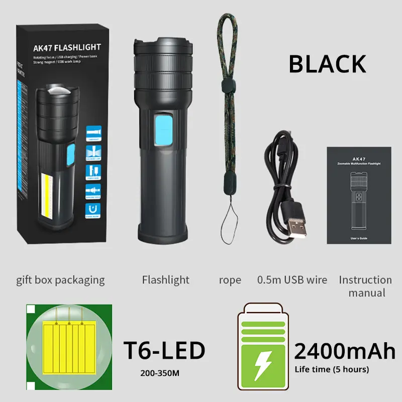 Высококлассный светодиодный фонарь для кемпинга, мобильный фонарь с двойным боковым светом, перезаряжаемый супер яркий фонарь с магнитом - Испускаемый цвет: BLACK-T6-2400mAh