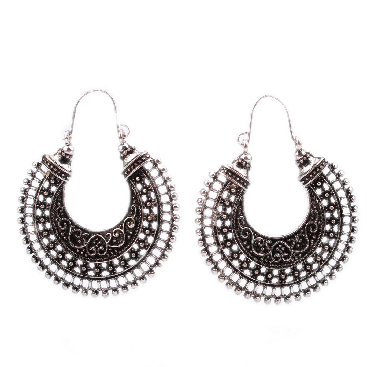 Vintage Style Gorgeous Boho Silver Hoop Dangle Earrings Tribal Jewelry