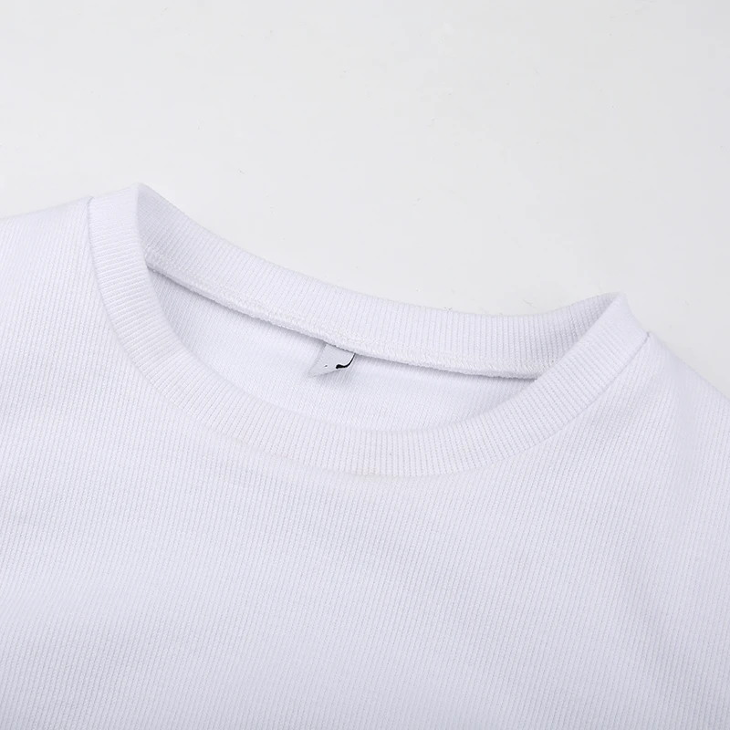 Sweetown, Осенние новые белые одноцветные базовые футболки для женщин, короткий топ с круглым вырезом и длинным рукавом, Повседневная футболка, женские модные топы