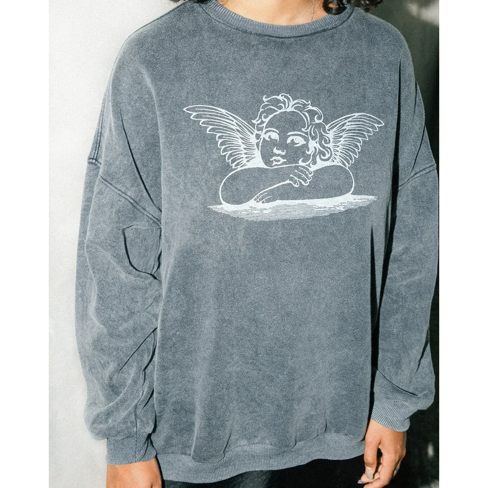 Harajuku женский Ангел печати Crewneck Свободные графические толстовки зимнее пальто Женская толстовка с капюшоном осень