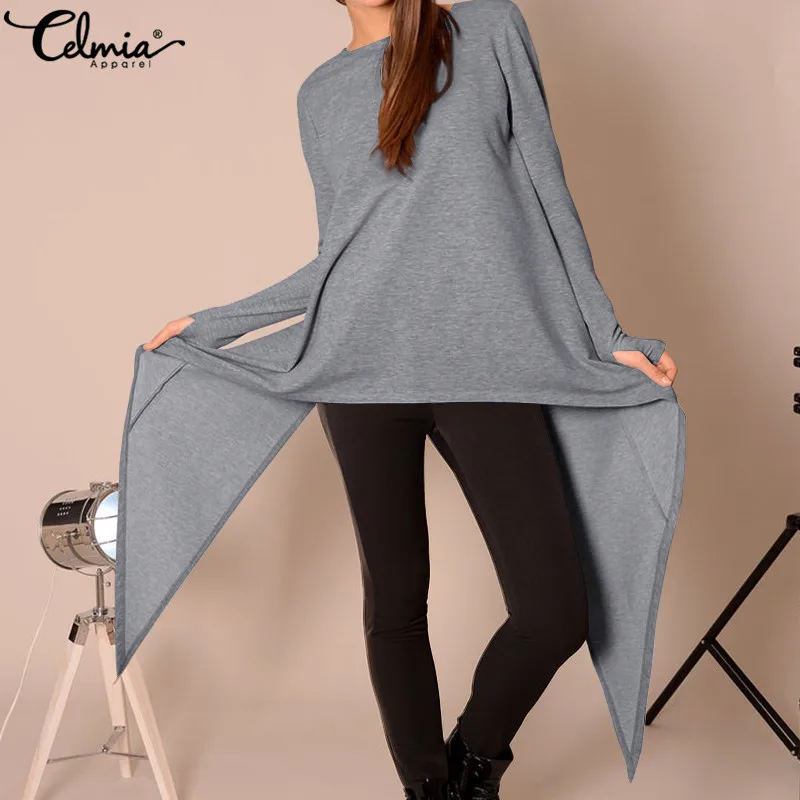 Celmia 2019 Women Vintage Long Sleeve Blouse Ladies Back Split Tunic Tops Casual Loose O-Neck Shirt Plus Size Irregular Vestidos