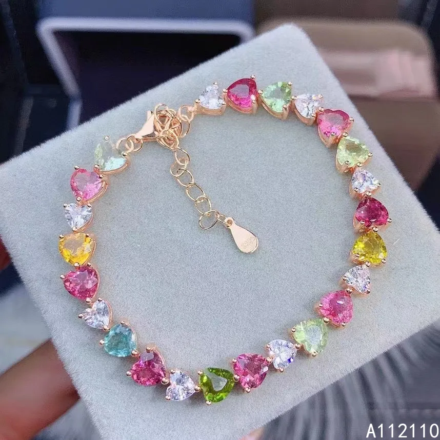 

Fine Jewelry 925 Sterling Silver Inset With Natural Gem Women's Luxury Elegant Heart Color Tourmaline Hand Bracelet Support Dete