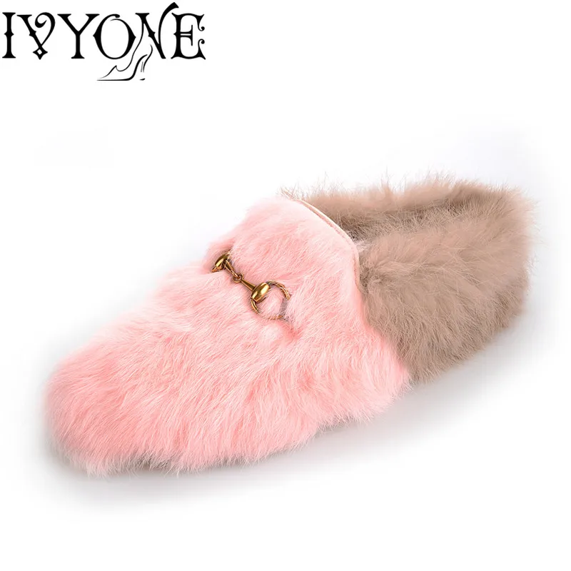 

Fashion Ladies Loafers Winter Rex rabbit Fur Mixed colors Warm Shoes Office Work Female Casual Shoes Slip on Large Size 35-43