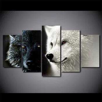 

5 Pieces Canvas Art Abstract Black White Wolf Couple Painting Wall Pictures for Living Room Canvas Painting