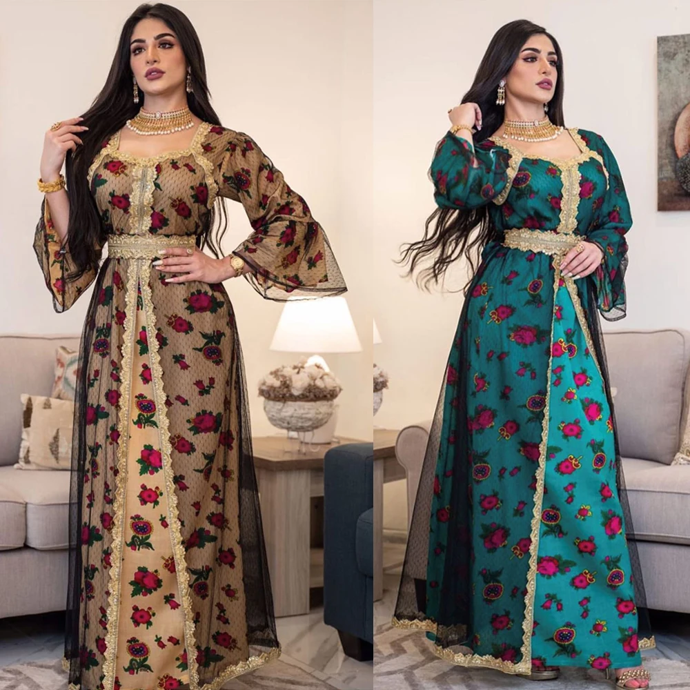 

Abaya Vintage Ethnic Party Evening Maxi Robe Gown Muslim Women Flower Printed Lace Patchwork Luxury Dresses Middle East Fashion