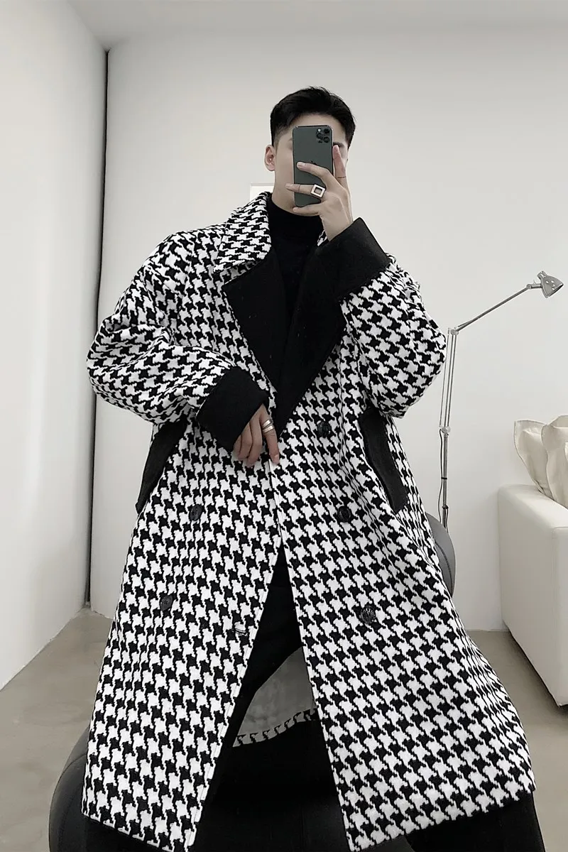 2021 Men Houndstooth Double Breasted Loose Plaid Woolen Trenchcoat Autumn Winter Male Streetwear Vintage Casual Trench Jacket