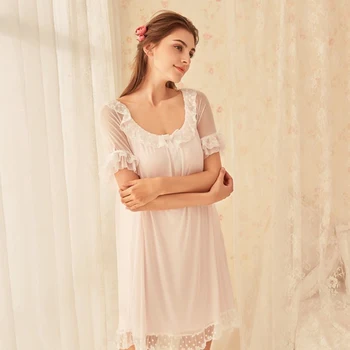 

Women's Lace Nightdress Sexy Palace Vintage Summer Thin Short Nightgown Short-Sleeved Loose Sweet Slack Sleeping Dress