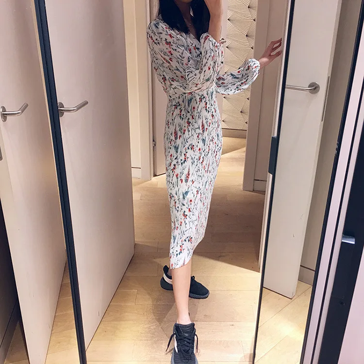 

French Elegant M Home 19 New Style Light Mature-Fresh Deep of Pleated Long Floral Printed Dress