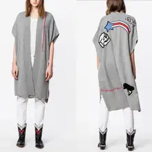 Серый кардиган-пончо с принтом в виде черепа и звезд, с вышивкой, с открытыми плечами, с короткими рукавами, пальто-накидка, асимметричный трикотаж