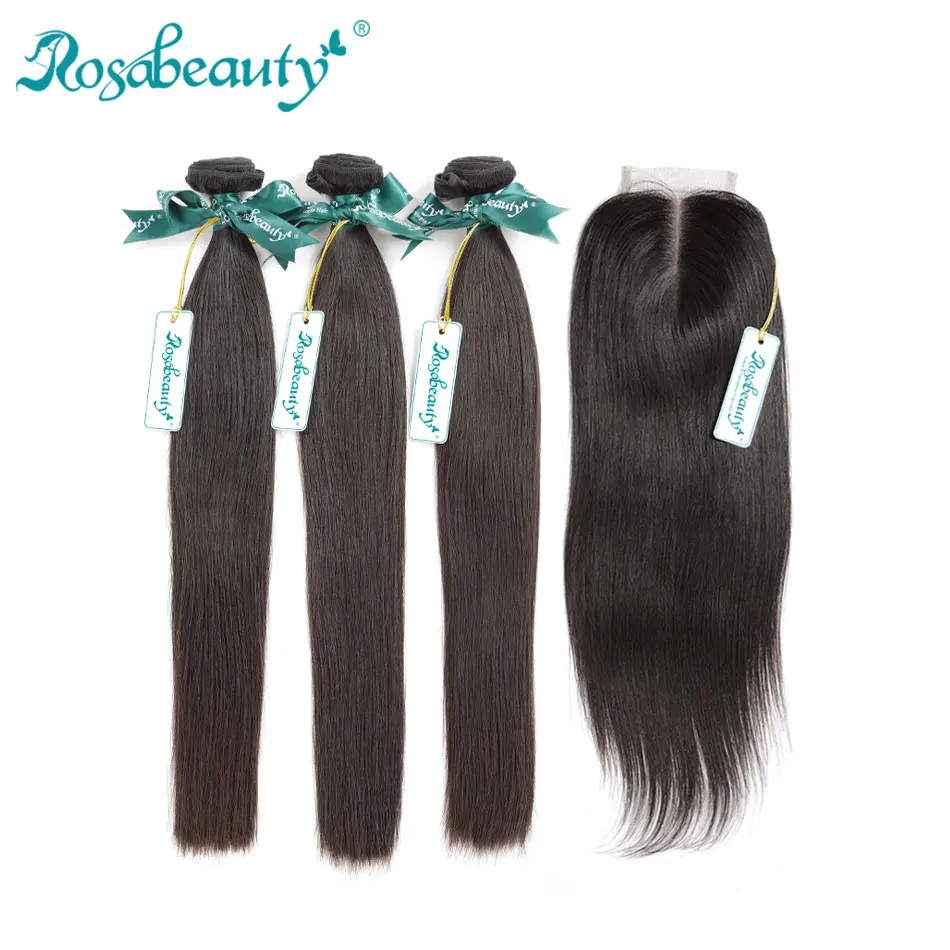 

[Rosabeauty] OneCut Hair Straight 8-30inch Brazilian Human Raw Virgin Unprocessed Hair Natural Color 3 Bundles Closure