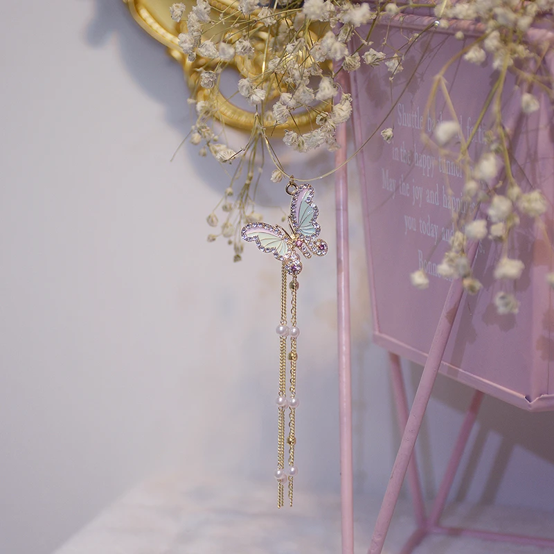 Ins Hot Sale Colorful Zircon Butterfly Necklace for Women Long Design Tassel Pearl Choker Torques Wedding 14k Jewelry Pendant