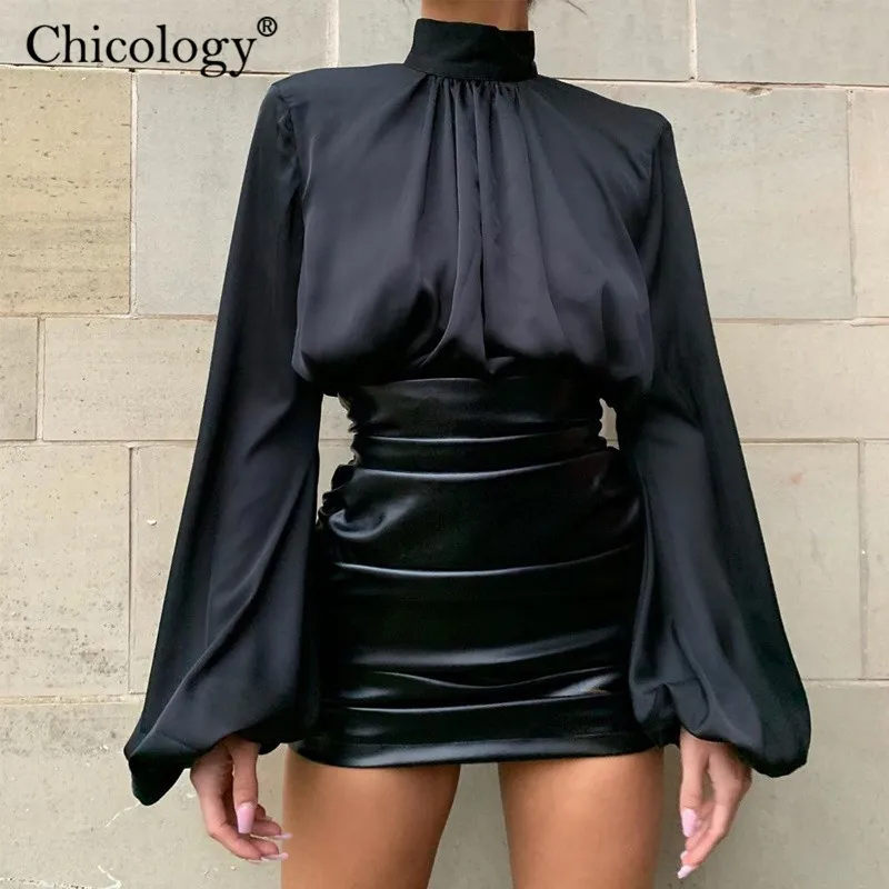 Chicology Сплошной длинное фонари рукавами футболка кроп Топ женское ruched нарядные элегантное офисное офисные офис леди Tshirt осень осеннее зимняя одежда футболка вечерние праздник Рождество с высоким воротом