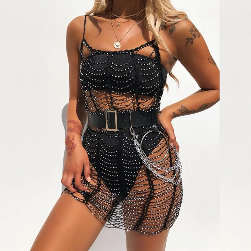 

Handcraft Crocheted Bling Diamonds Dresses Black White Spaghetti Strap See Through Woman Slim Mini Dress Summer Beach Cover Up