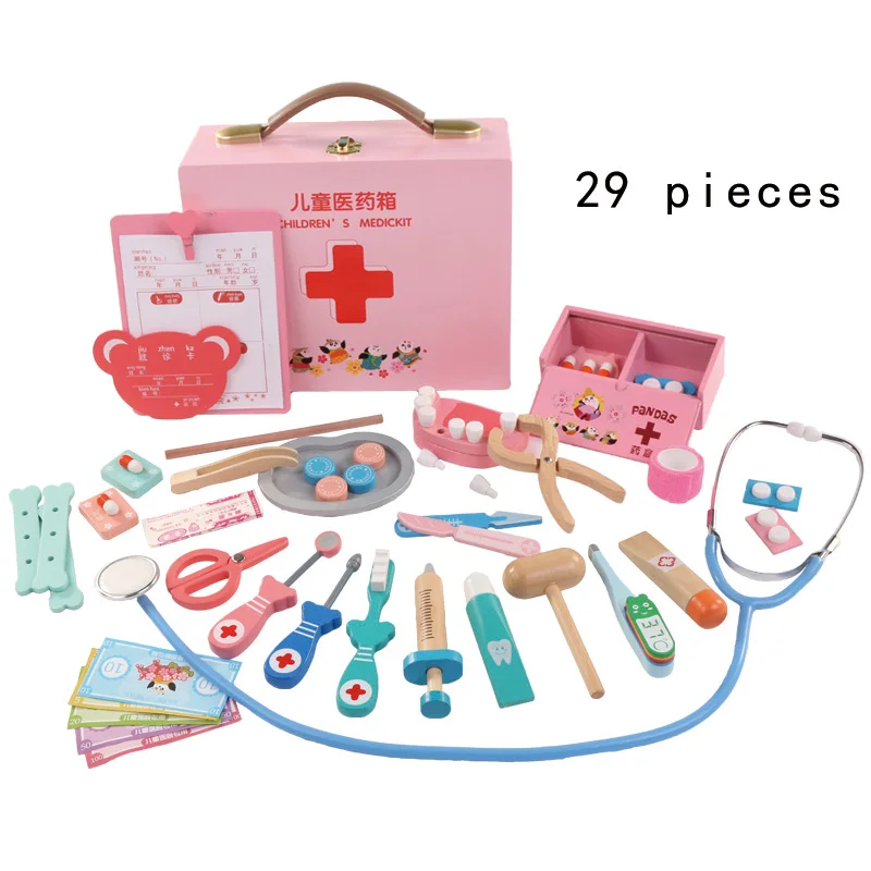 29 pieces pink Детский игрушечный набор доктора, инструмент для инъекций, деревянный симулятор, настоящая медицинская коробка, игрушки для девочек, рождественский подарок, игровой домашний стетоскоп - Цвет: 29 pieces pink