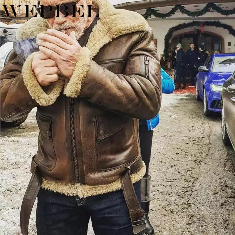 

WEPBEL Fashion Men's Cashmere Padded Leather Jacket Vintage Man Streeetwear Thicken Coat Motorcycle Jackets Pullovers Plus Size