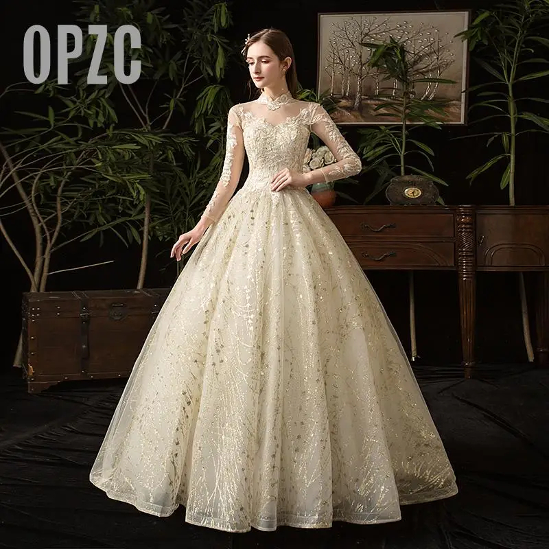 Свадебное платье с длинными рукавами, Vestido De Novia, зимний стиль, винтажный высокий вырез, открытая спина, кружевное бальное платье, цвет шампанского, большие размеры