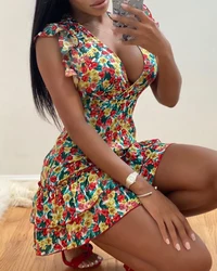 Women Dresses Summer 2022 Sexy V Neck Floral Print Boho Beach Dress Ruffle Short Sleeve A Line Mini Dress Sundress Robe