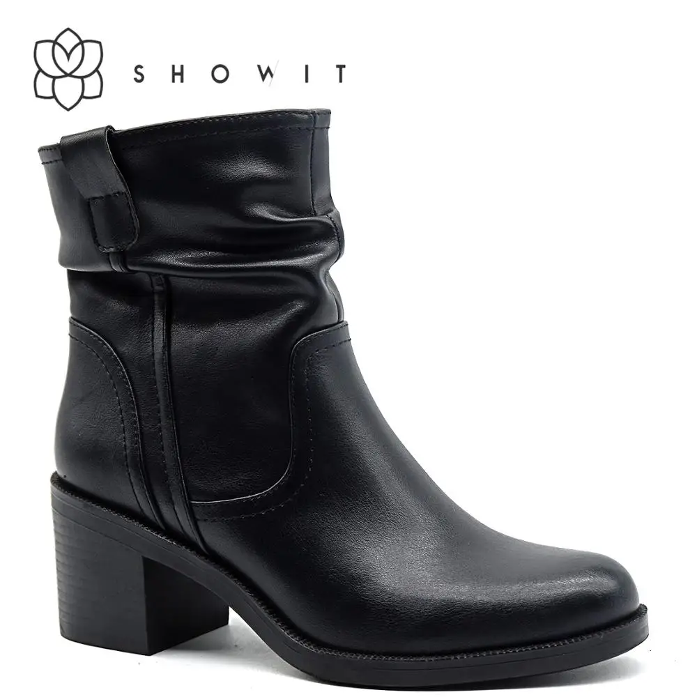 

SHOWIT 2019 Winter women Thick Heel Black Leather Round Toe Martin Ankle Boots Zipper Basic Casual