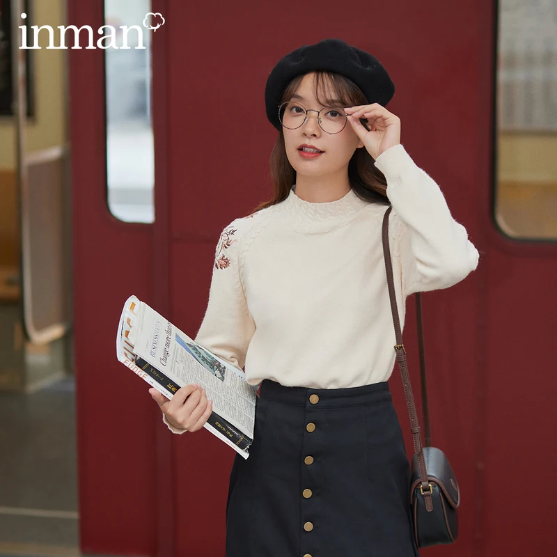 INMAN 2020 Autumn Winter New Arrival Artistic Style Twist Jacquard Turtleneck Rib Pullover Plant Embroidery Knitted Sweaters For | Женская