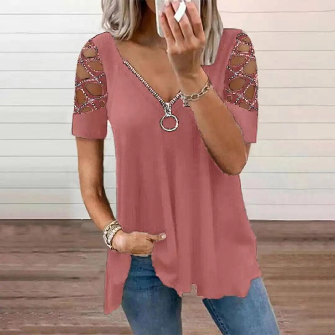 Summer Women V Neck Solid Color Hot Drilling Top Casual Loose Sexy Hollow Out Zipper Plus Size Short Sleeve Pullover Tshirt Tops sport t shirt