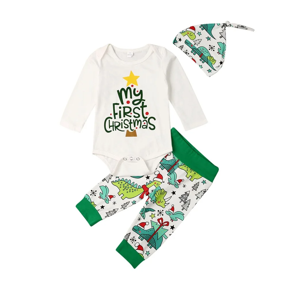 Pudcoco/Одежда для новорожденных мальчиков, Рождественский комбинезон с принтом «My 1st», топы, длинные штаны с рисунком динозавра, шапка, комплект одежды из 3 предметов