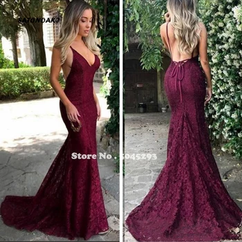 

SATONOAKI 2019 Sexy Spaghetti Backless Lace Mermaid Prom Dress Slim Formal Evening Party Gowns Custom Online Vestidos De Soiree