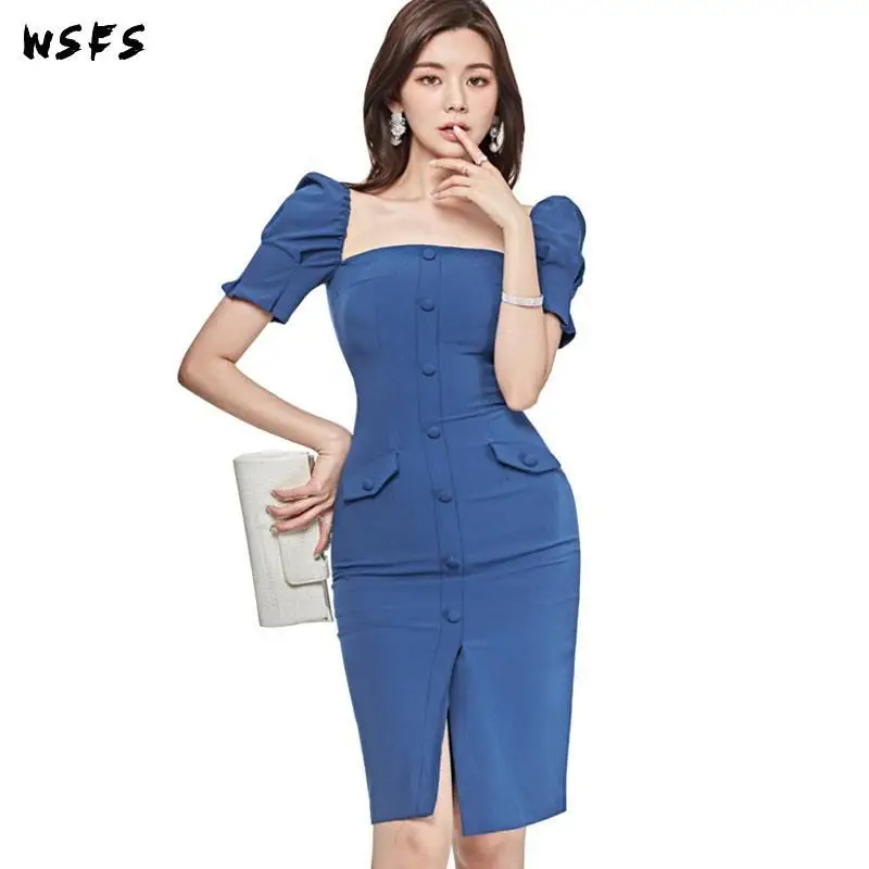 Летнее платье в корейском винтажном стиле Элегантные Синие женские платья на