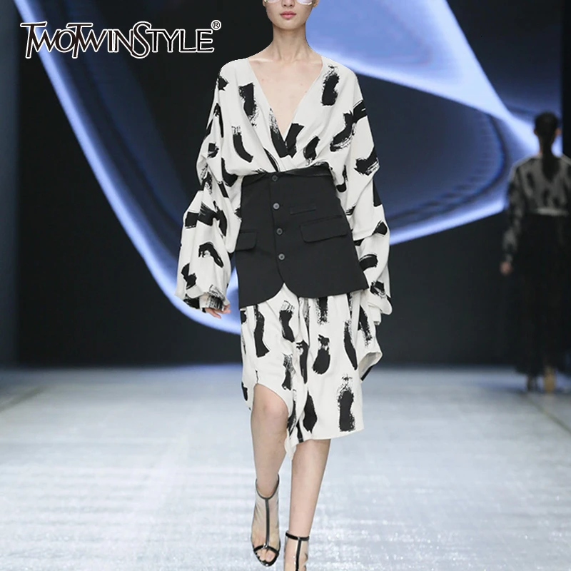 

TWOTWINSTYLE Print Hit Color Two Piece Set For Women V Neck Long Sleeve Dress High Waist Skirts Female Suit 2019 Autumn Fashion