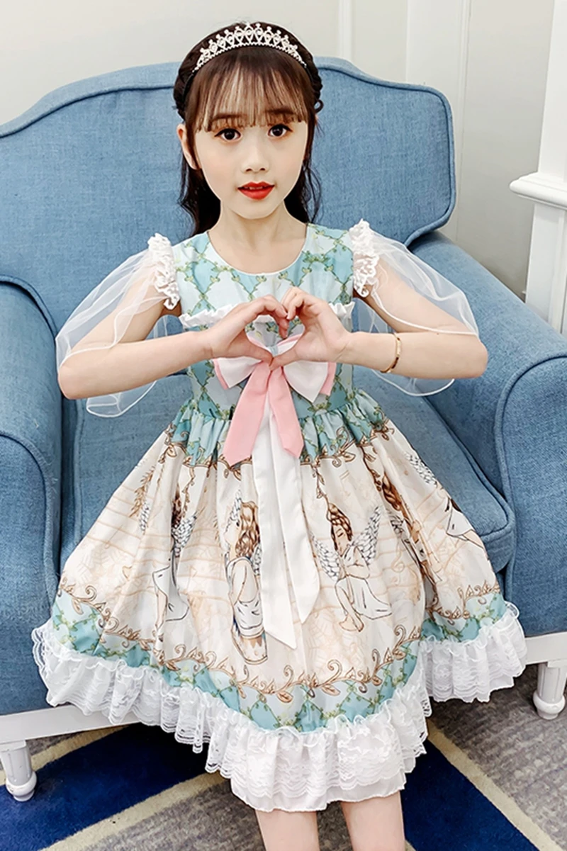 Girls dress summer bowknot short-sleeved Lolita dress children summer new girl Korean version of foreign princess skirt