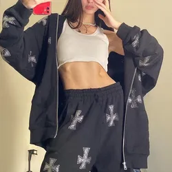 Moda strass hoodies mulheres hip hop joggers moletom coreano oversized zíper esporte casaco senhoras jaqueta gótica pullove