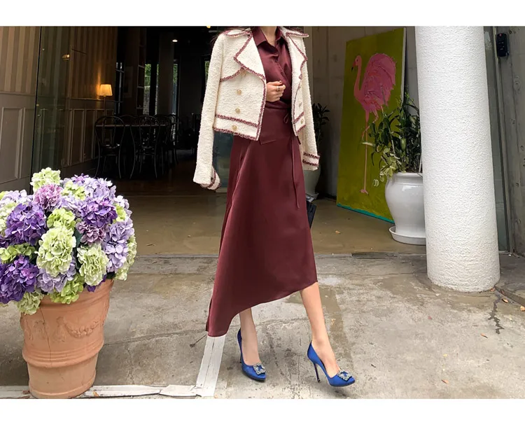 JSXDHK High Quality New Arrival Shirt Long Dress Elegant Fall Women Pink Turn Down Collar Lace Up Fashion Split Office OL Dress