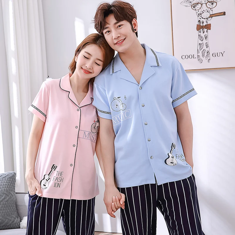 

Couple Pajamas Set Turn-down Collar Sleepwear Lovely Pijamas Mujer Sexy Summer Female Pyjamas Male Homewear