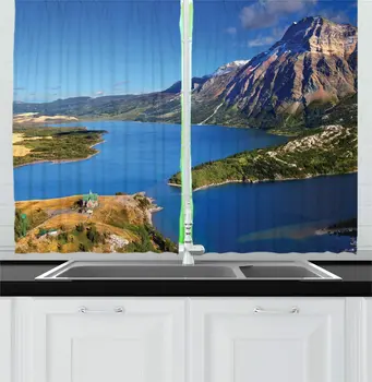 

Blue Multicolor National Park Kitchen Curtains Waterton Lakes National Park Canada View Steep Mountains Environmental for Kitch