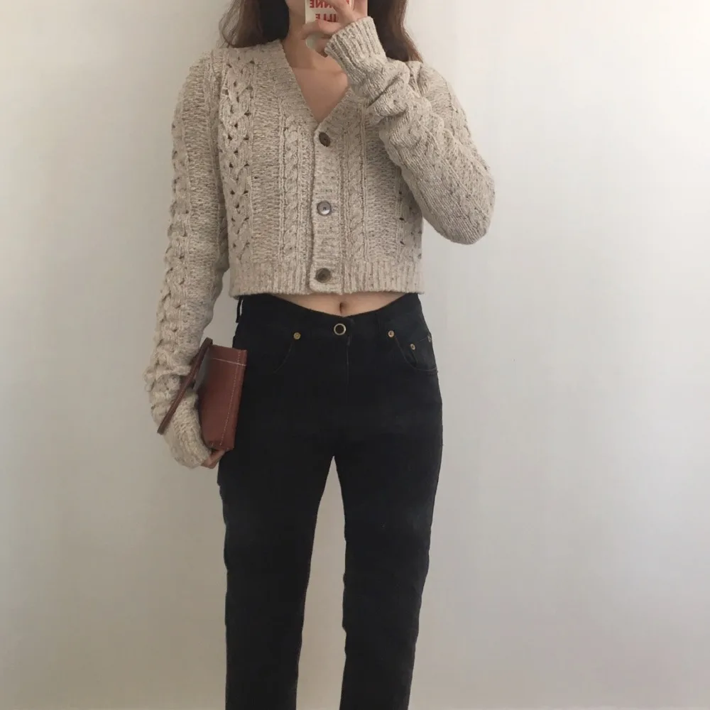 HziriP Vintage All-Match V-Neck Sexy Cardigans Twisted Hollow Out Fashion Slim Loose Knitted Women Casual Tops Short Sweaters