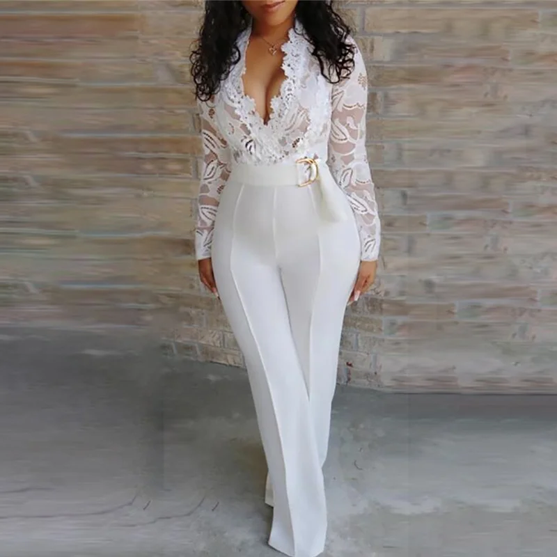 Белый Женский сексуальный элегантный комбинезон, комбинезон из кусков, женский комбинезон с длинным рукавом, кружевной комбинезон, брюки, вечерние комбинезоны - Цвет: Белый