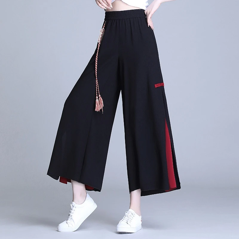 Side Slit Chinese Style Loose Cropped Trousers
