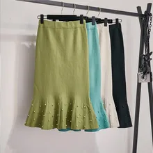 Черная, бежевая, зеленая, синяя, эластичная, высокая талия, с оборками, с рыбьим хвостом, с бисером, вязаная юбка для женщин, зимние юбки для женщин, saias