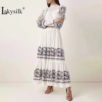 

Print Vintage Dress 2020 Spring New Lace Up Ruffles Dress Fashion Hit Color Embroidery Lady Dress Stand Collar Puff Sleeve Dress