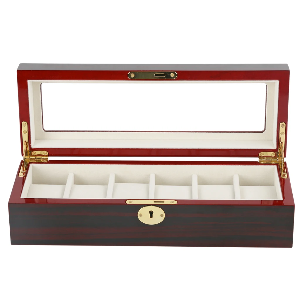 

6 Slots Solid Wooden Storage Organizer Box Transparent Top Glass Exquisite Durable Case Storage