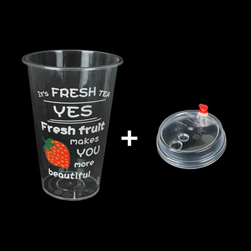 50 шт креативная прозрачная Клубничная Чашка 500 мл/700 мл одноразовые фруктовые соки холодные напитки пластиковые чашки на вынос пакет с крышкой - Цвет: cup and lid