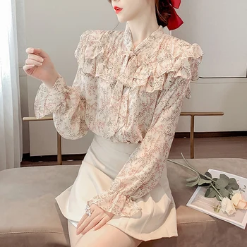 

COIGARSAM Fashion Ruffles Shirt Womens tops New Spring Floral Print Chiffon Flare Sleeve Bow Belt Women shirts Pink Black 1625