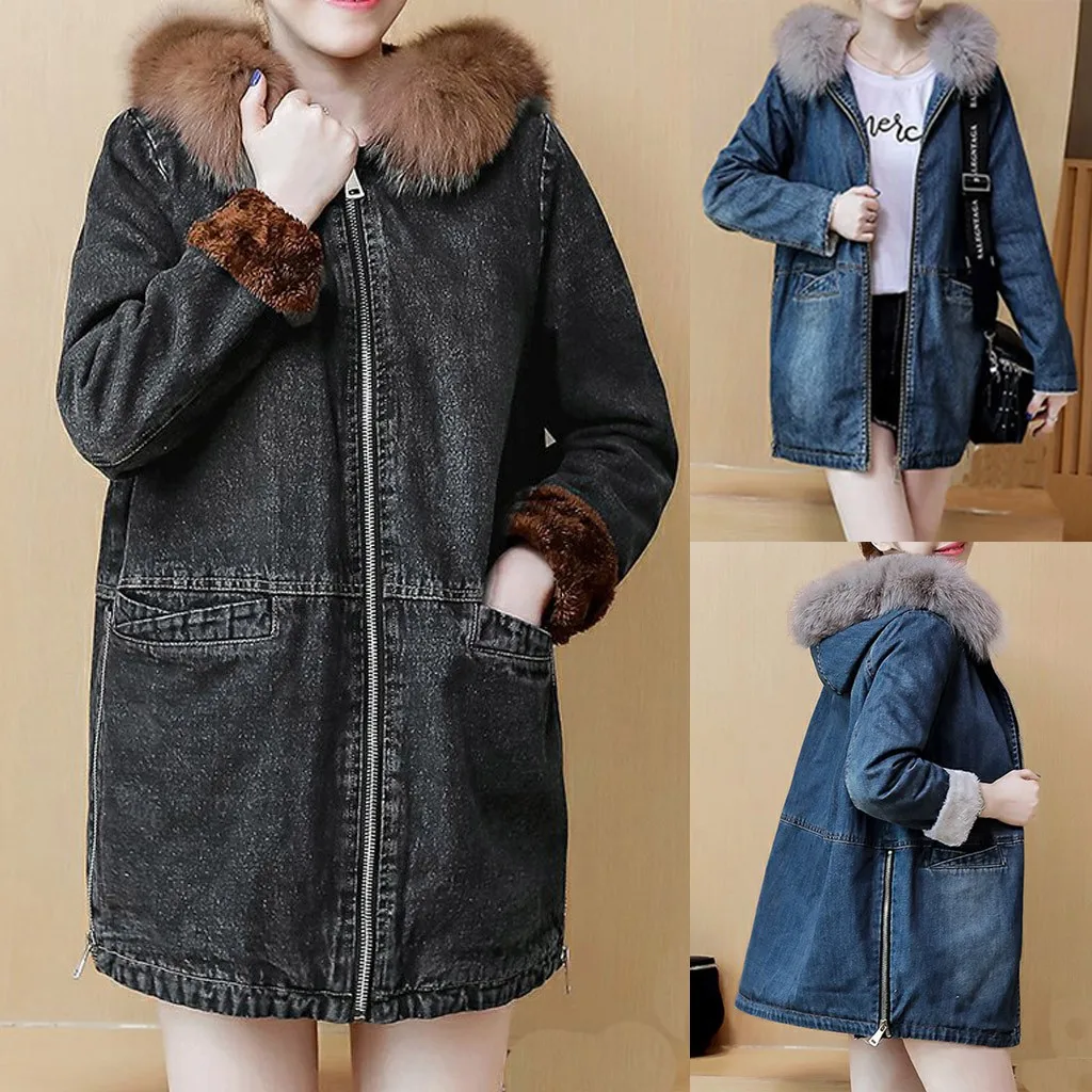 awesome  Winter Womens thick Jean Jacket Thicken Warm fur collar Fleece Denim female student short coat Punk