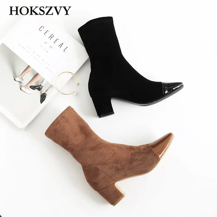 

HOKSVZY New Style Skinny Spring Boots Thick Heel Square Velvet Boots Women's Middle Heel British Martin Boots HYGC-B165