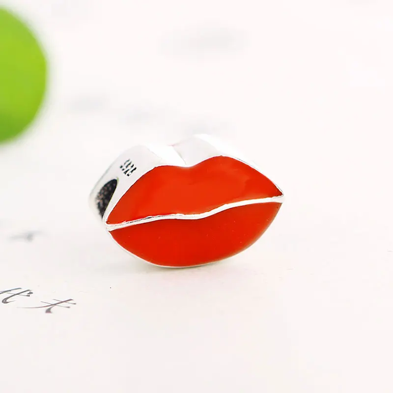 

925 Sterling Silver Red Fire Polished Enamel Lip Shape Bead Fit Original Pandora Charm Bracelet Necklace Women Making Berloque