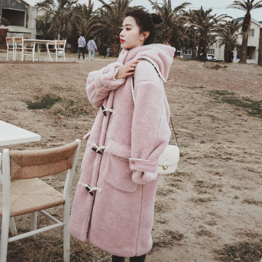 

Photo Shoot INS Sweet Pink Hooded Lambs Wool Toggle Overcoat Thick Plush Teddy Service Cotton-padded Clothes Women's Winter