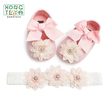 

Toddler Baby Girls Shoes Soft Sole Crib Newborn Baby Lace flower Princess Shoes+Headband 2Pcs Set Infant Cute Party First Walker