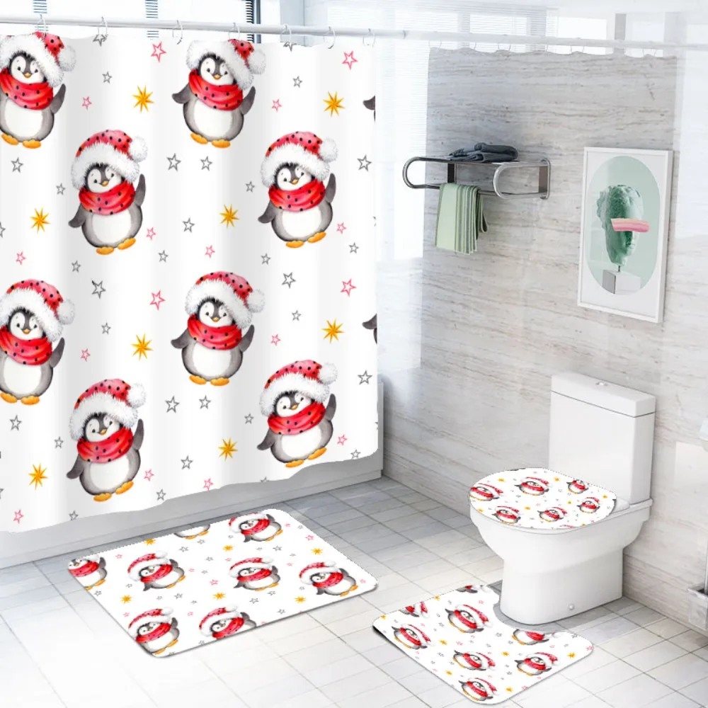 Рождественский пингвин наборы занавесок для душа 4 шт. Набор ковриков для ванной с ванной коврики для туалета покрытие напольный коврик, водонепроницаемый занавес для ванной комнаты s