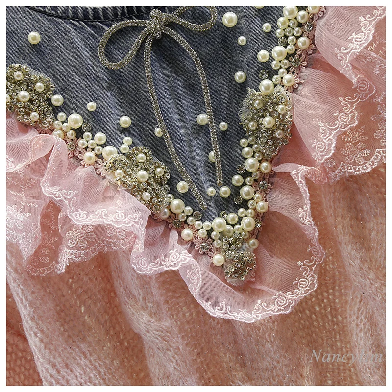 Knit Top Woman Handmade Beaded Denim Stitching