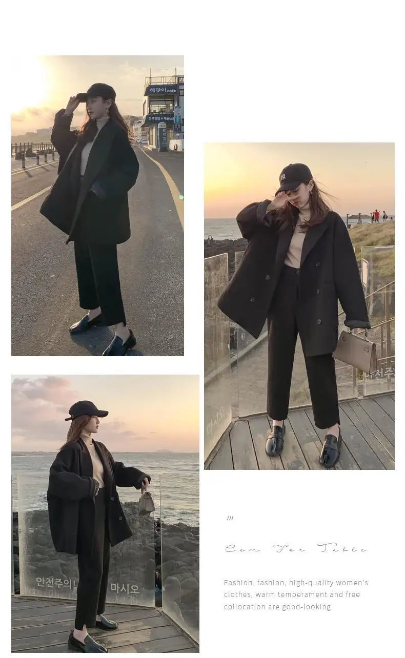 Photo Shoot Woolen Suit WOMEN'S Suit Autumn And Winter New Style Korean-style Loose And Plus-sized Woolen Overcoat Suit Two