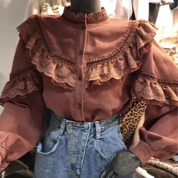 

Ruffles Lace Shirt Women's New Retro 2020 Spring and Autumn Stand Collar Long Sleeve Blouse Female Elegant Blusas Shirts